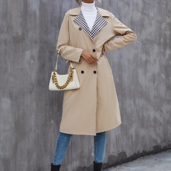 Gingham Lapel Neck Double Breasted Trench Coat - Picture 5 of 5
